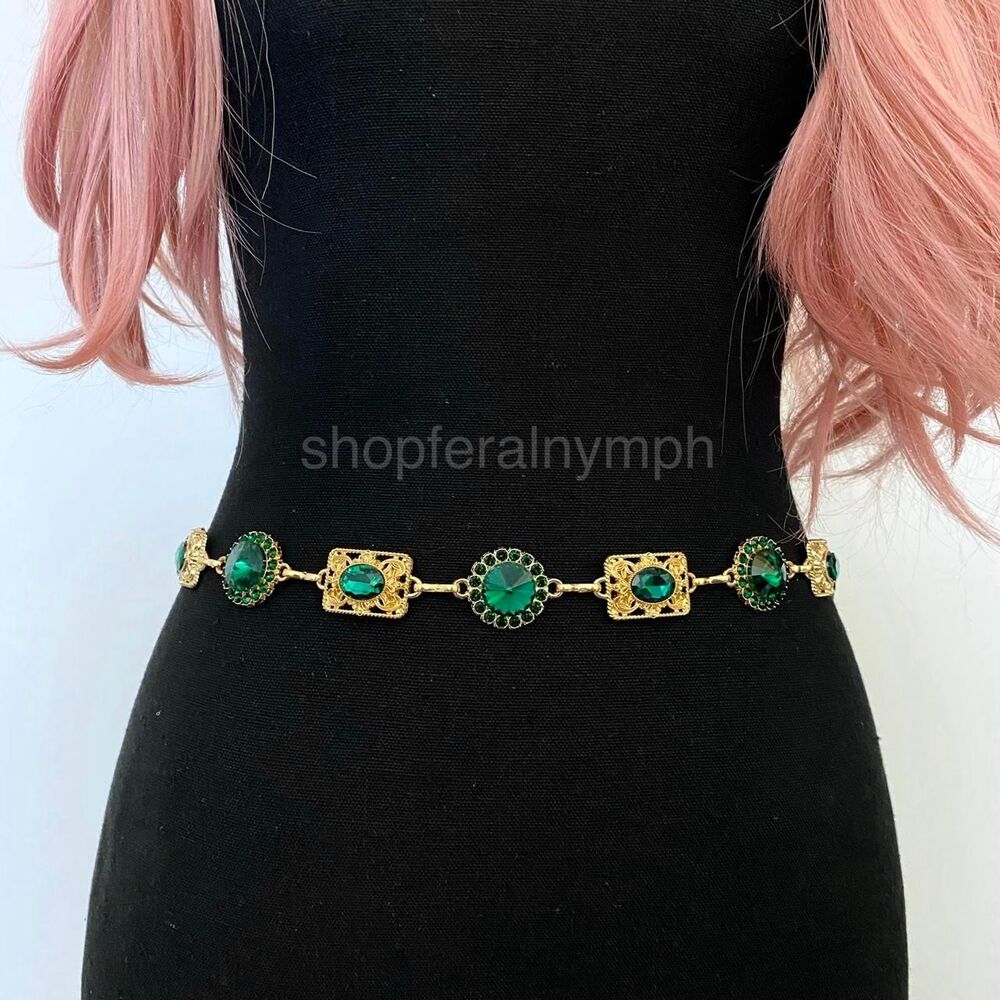 Gold Y2K Emerald Green Jewel Waist Chain Belt, Fits 24.5-51.5 Inches, X7GA1297